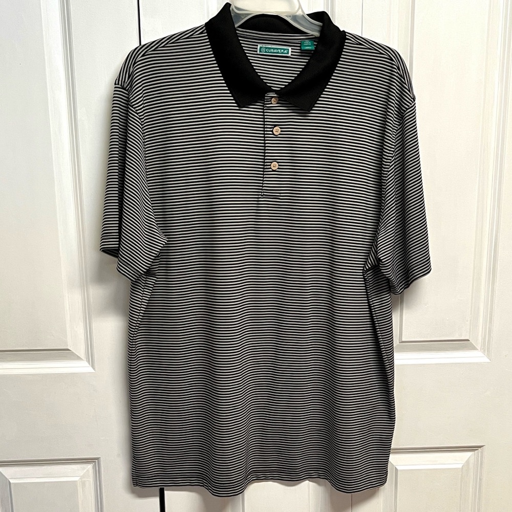 Cubavera Black and Gray Thin-Striped Polo with Contrast Black Collar Size XXL